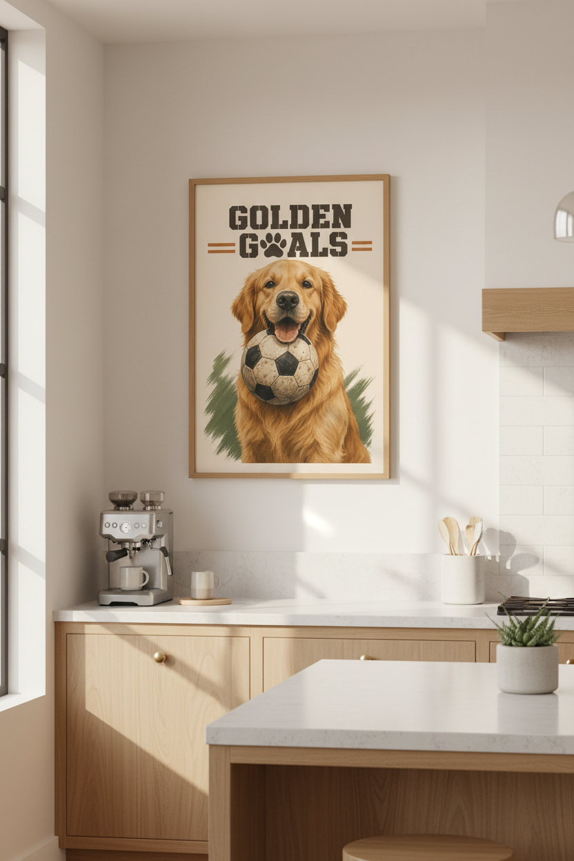 Golden Retriever Soccer Wall Art Print | Dog Lover Sports Poster, Kids Room Decor