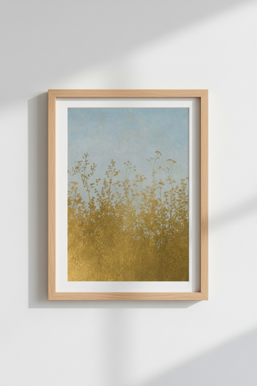 boho wall art print | Abstract Floral Silhouettes in Blue Gold | Living Room Decor