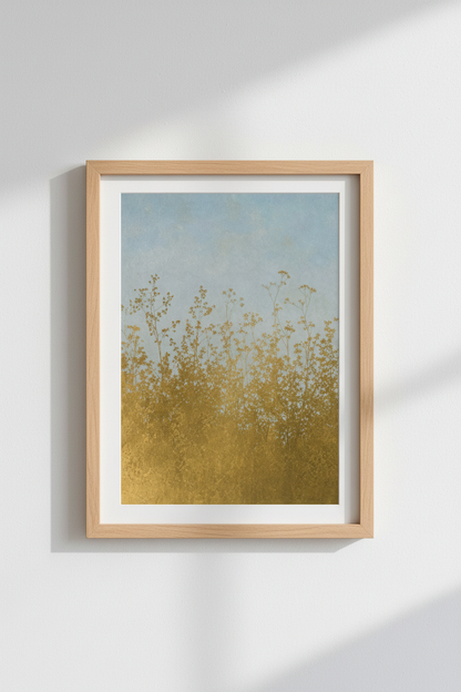 boho wall art print | Abstract Floral Silhouettes in Blue Gold | Living Room Decor