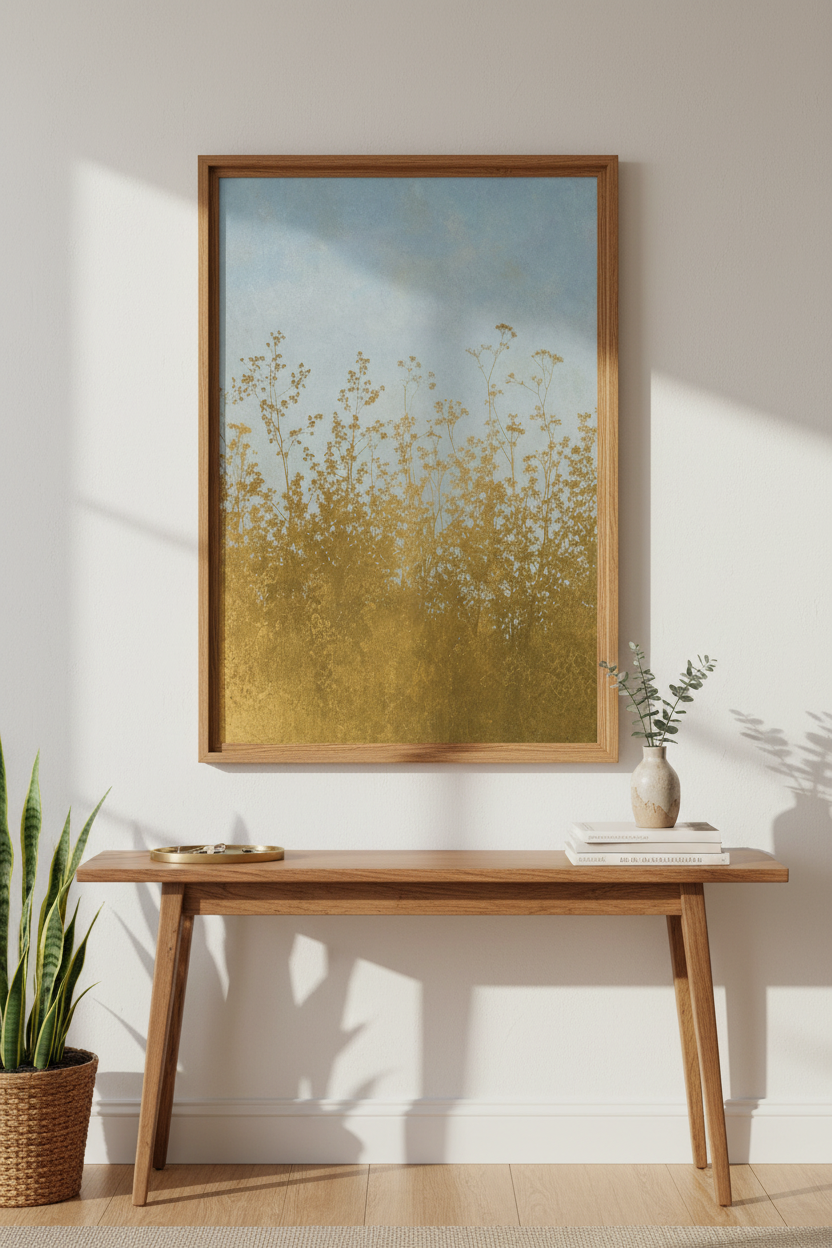 boho wall art print | Abstract Floral Silhouettes in Blue Gold | Living Room Decor