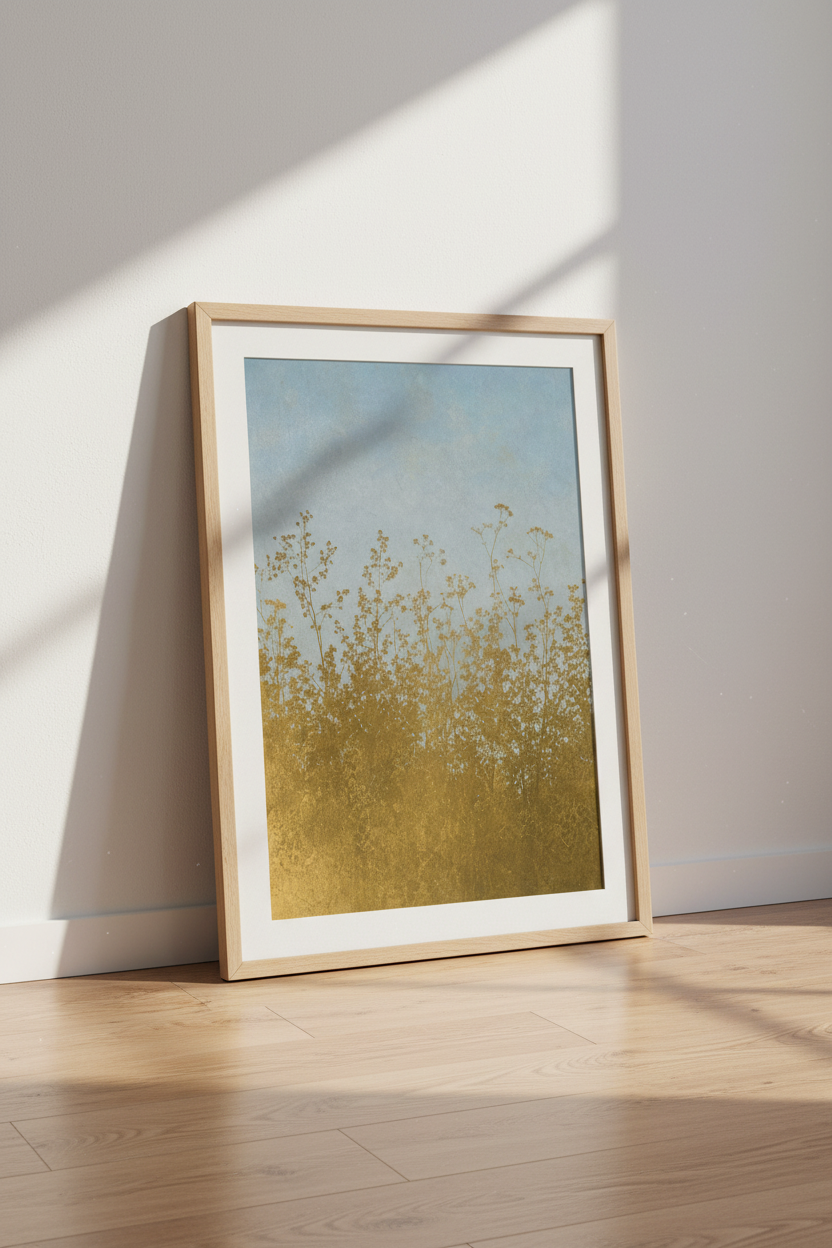 boho wall art print | Abstract Floral Silhouettes in Blue Gold | Living Room Decor