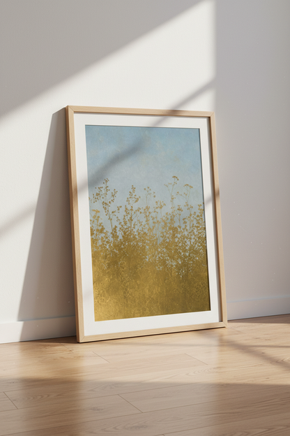 boho wall art print | Abstract Floral Silhouettes in Blue Gold | Living Room Decor