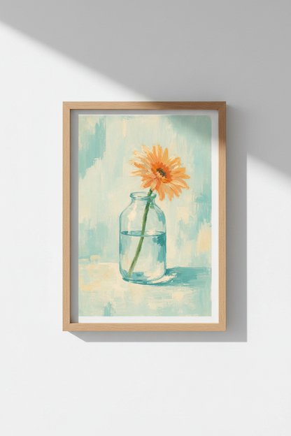 Gerbera Daisy Oil Painting | Blue &amp; Orange Floral, Modern Farmhouse Decor