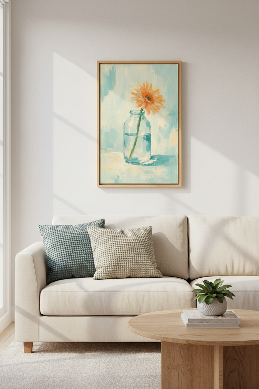 Gerbera Daisy Oil Painting | Blue &amp; Orange Floral, Modern Farmhouse Decor