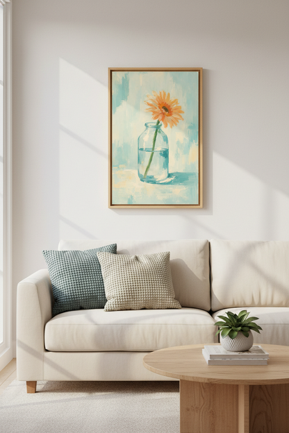 Gerbera Daisy Oil Painting | Blue &amp; Orange Floral, Modern Farmhouse Decor