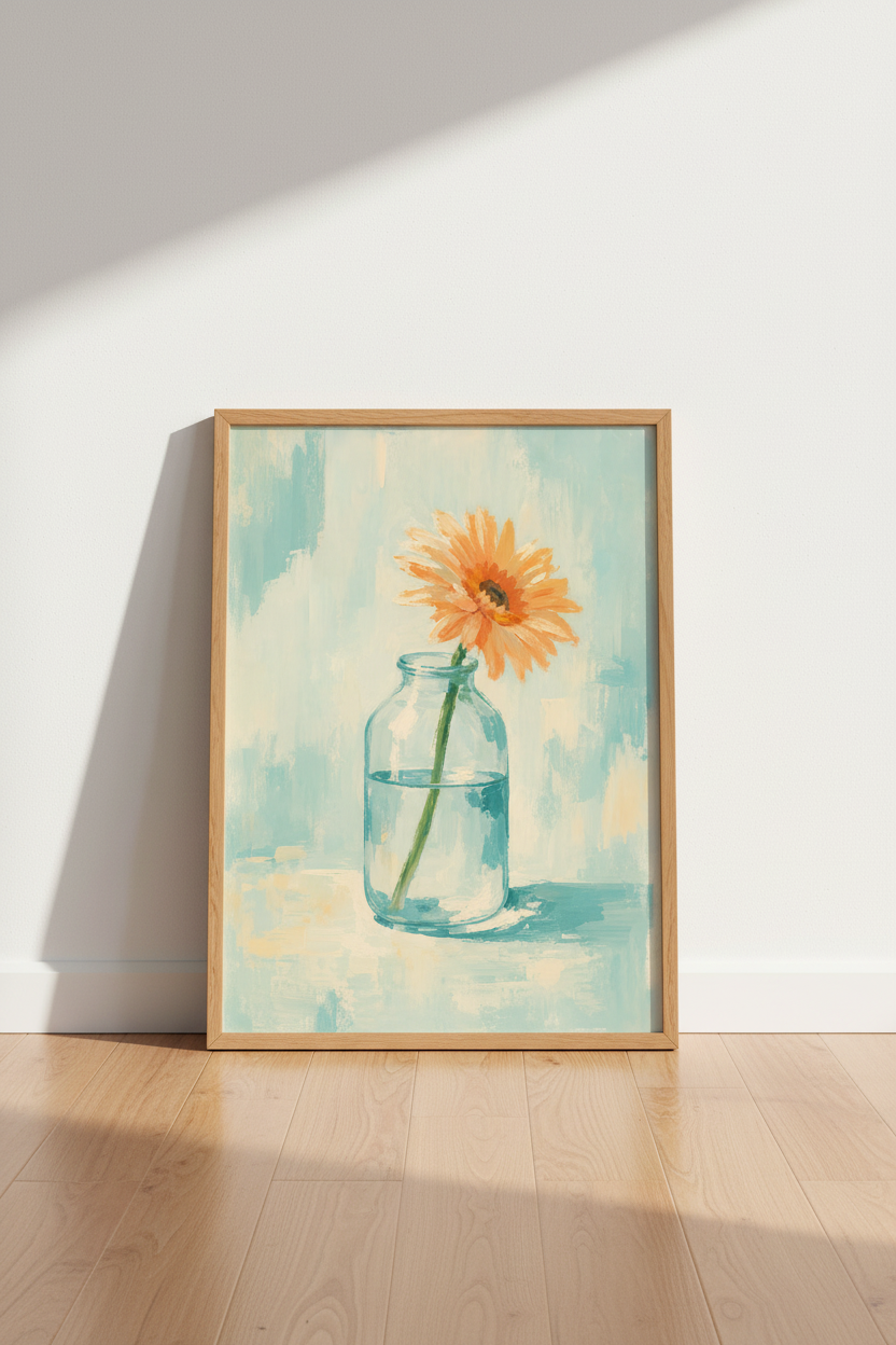 Gerbera Daisy Oil Painting | Blue &amp; Orange Floral, Modern Farmhouse Decor