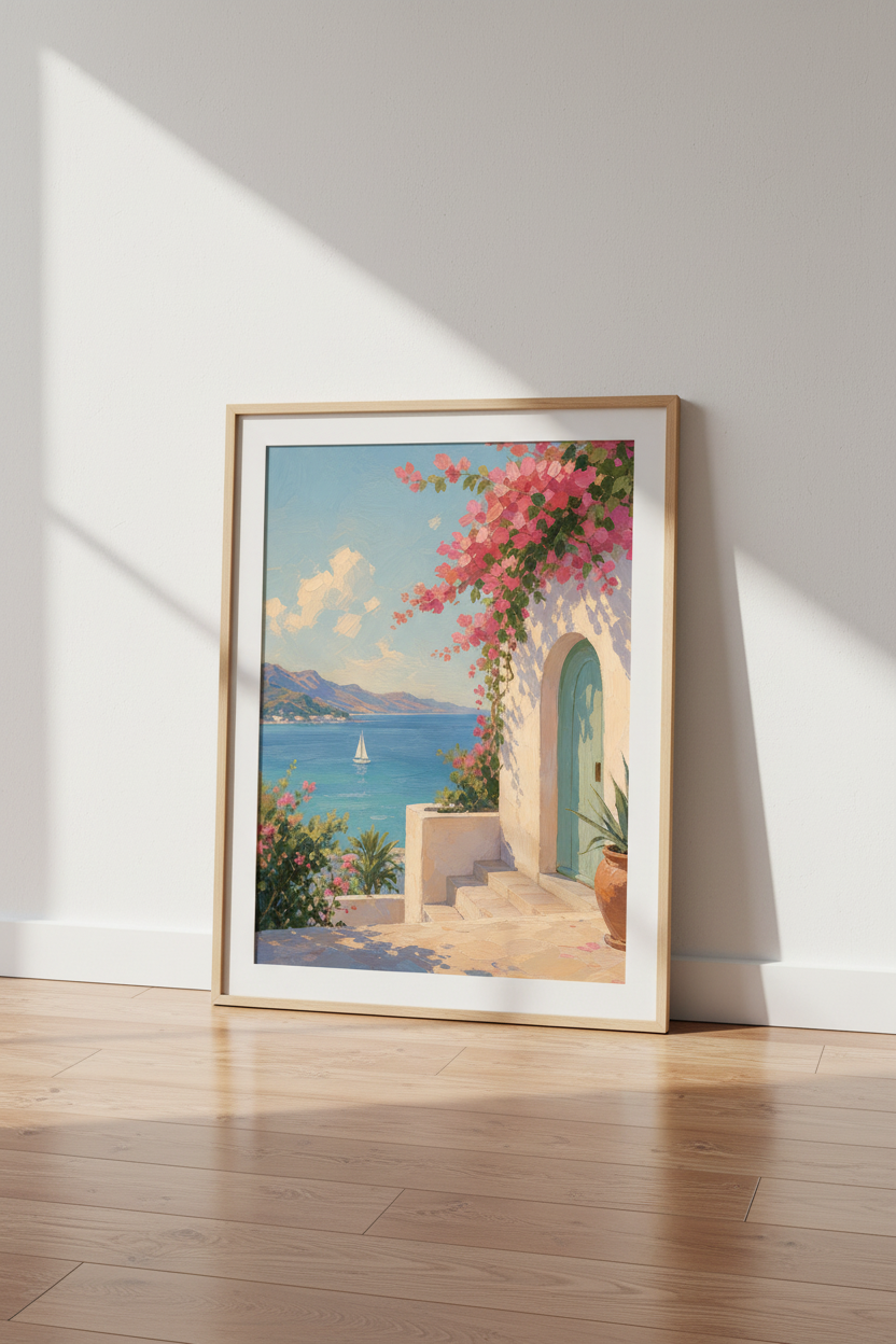 Mediterranean Coast Print | Coastal Landscape Wall Art, Greek Villa Poster Decor
