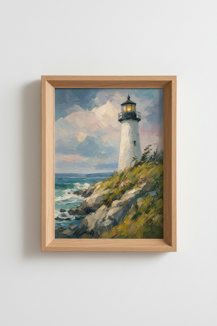 Lighthouse Oil Painting Print | Coastal Nautical Wall Art | Impasto Beach Poster