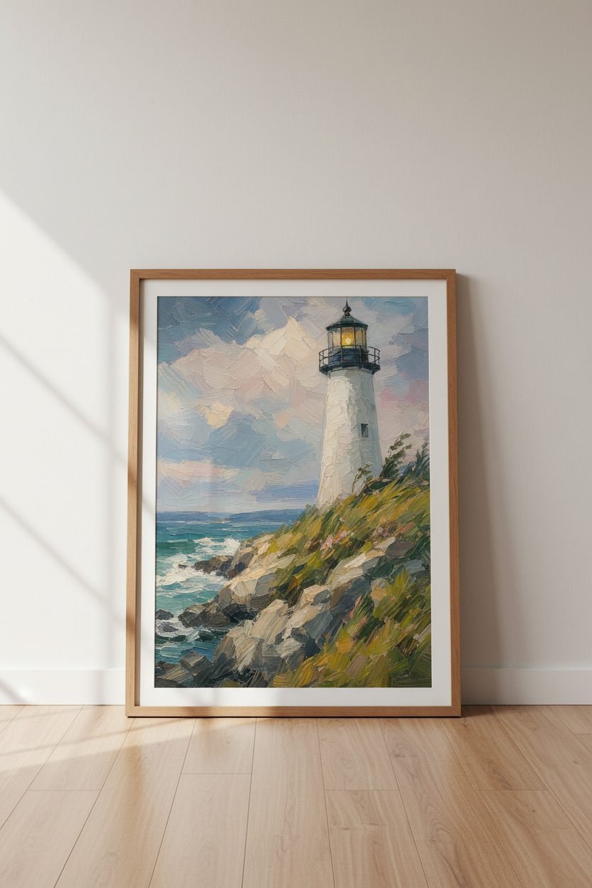 Lighthouse Oil Painting Print | Coastal Nautical Wall Art | Impasto Beach Poster