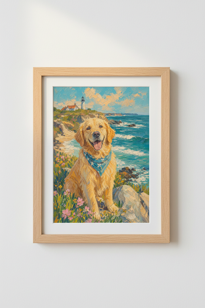 Golden Retriever Art Print | Coastal Lighthouse Decor | Impressionist Dog Poster