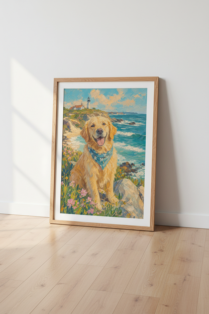 Golden Retriever Art Print | Coastal Lighthouse Decor | Impressionist Dog Poster