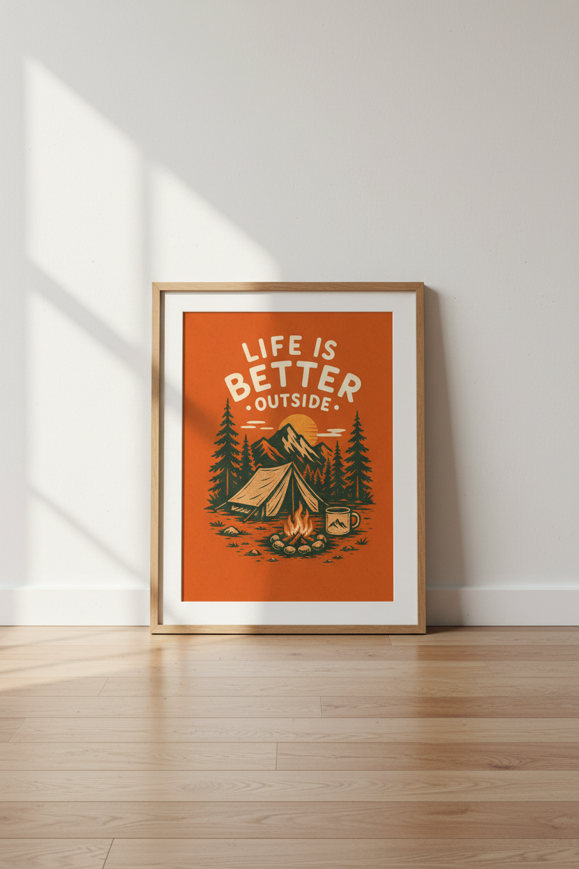 Life Is Better Outside Camping Print | Retro Mountain Decor | Adventure Poster