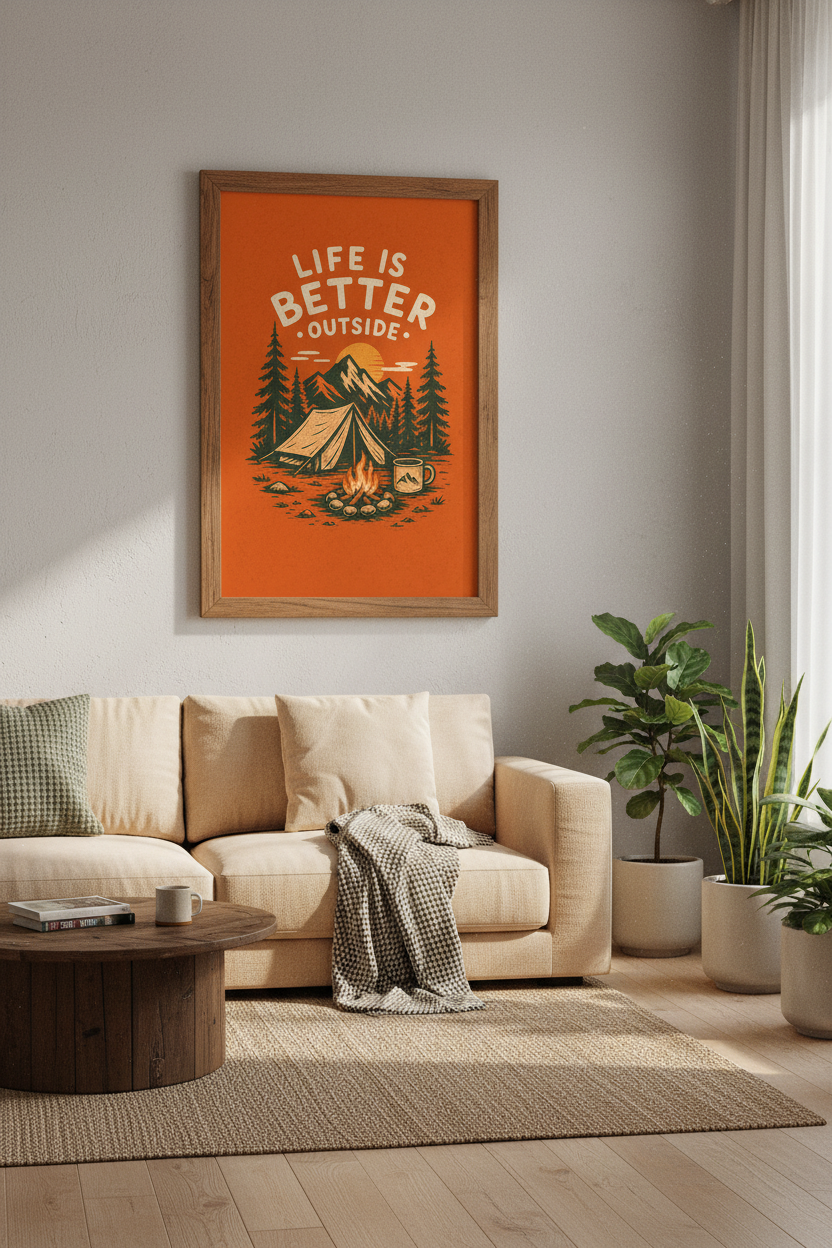 Life Is Better Outside Camping Print | Retro Mountain Decor | Adventure Poster