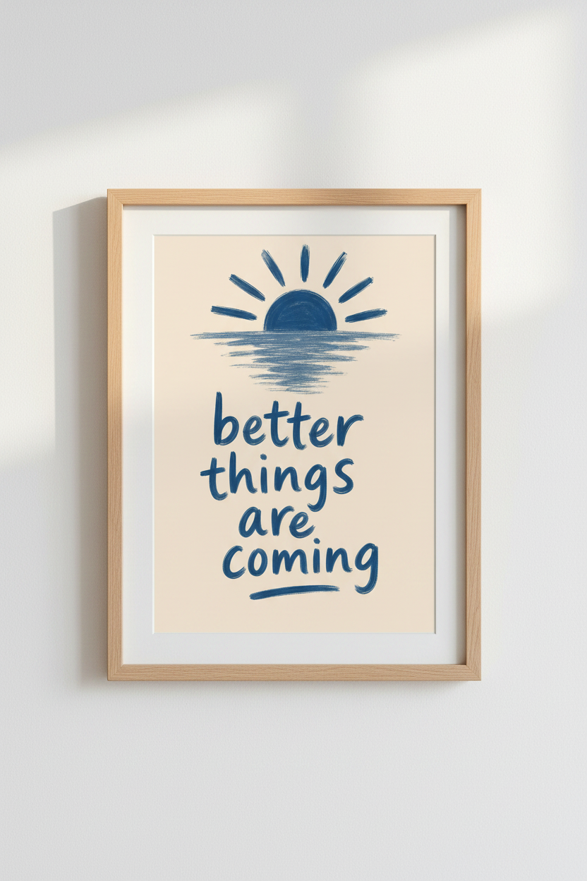 Better Things Are Coming Wall Art Print | Boho Sun Quote Poster | Blue Encouragement Decor