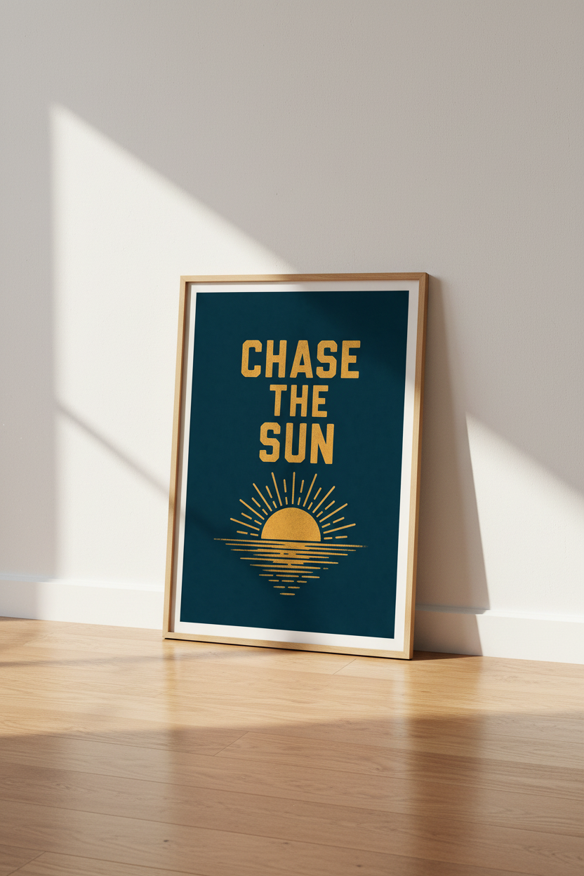 Chase The Sun Art Print | Navy &amp; Gold Motivational Poster | Modern Home Decor
