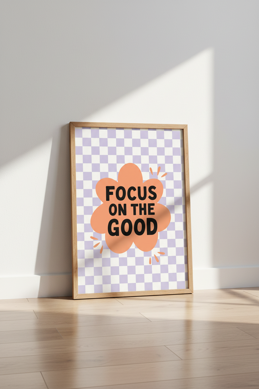 Focus On The Good Wall Art | Retro Lavender Checkered Poster | Pastel Dorm Decor