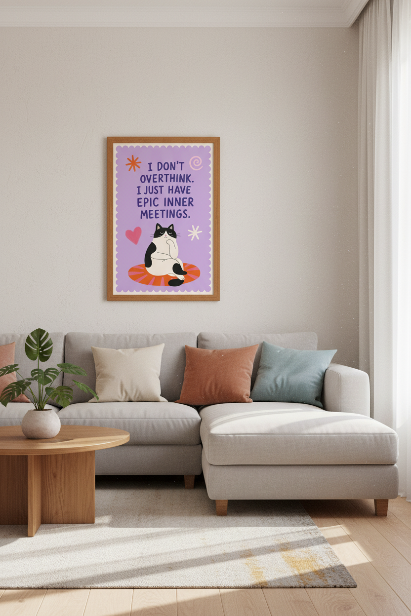 Funny Cat Overthinking Poster | Purple Retro Quote Wall Art, Home Office Decor