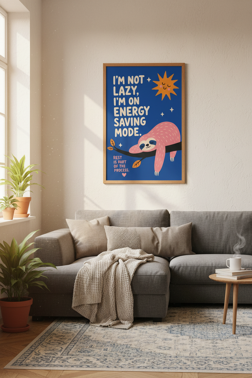 Funny Sloth Energy Saving Mode Wall Art | Blue Bedroom Decor | Cute Self Care Poster