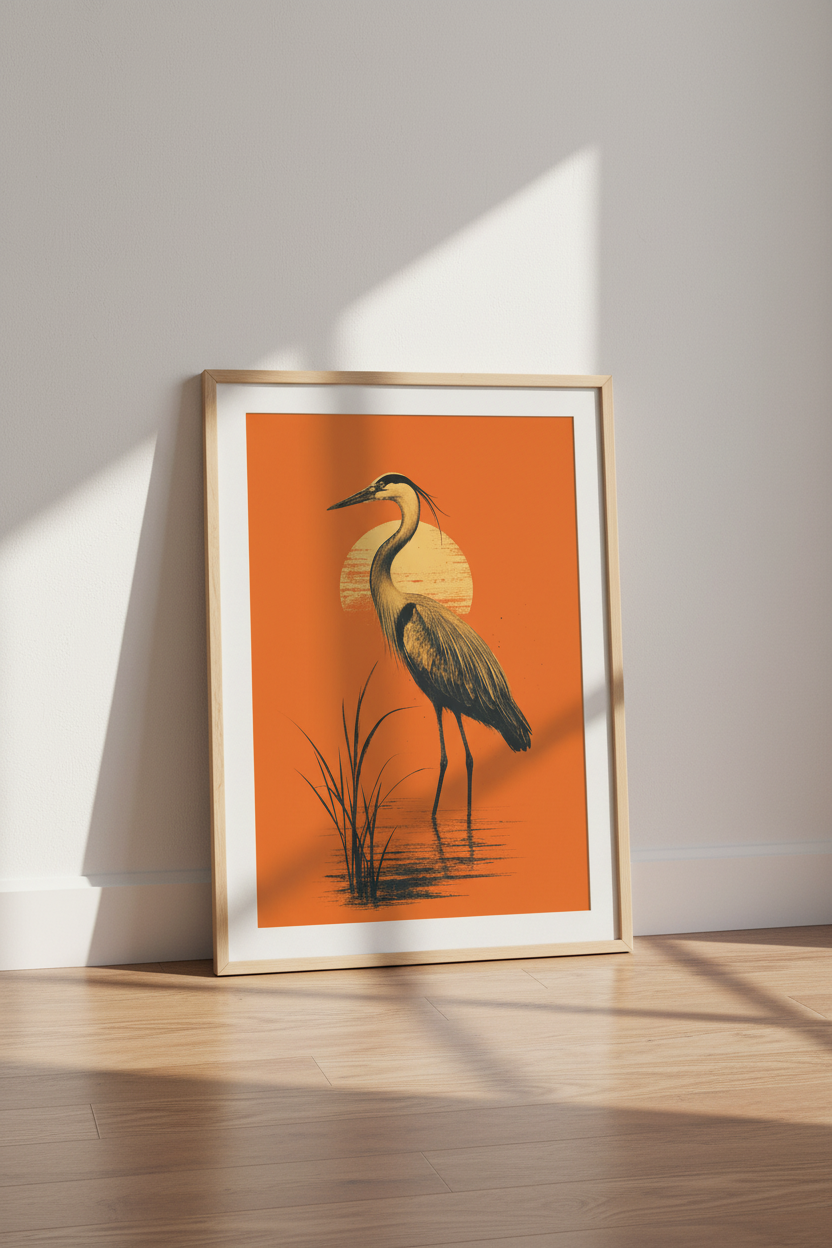 Heron Sunset Wall Art | Retro Orange Bird Print, Mid Century Living Room Decor