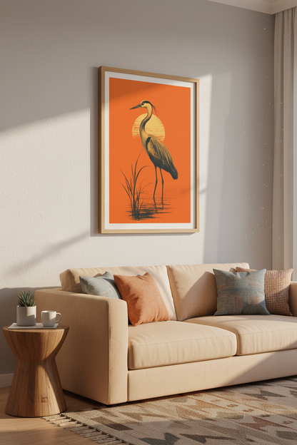 Heron Sunset Wall Art | Retro Orange Bird Print, Mid Century Living Room Decor