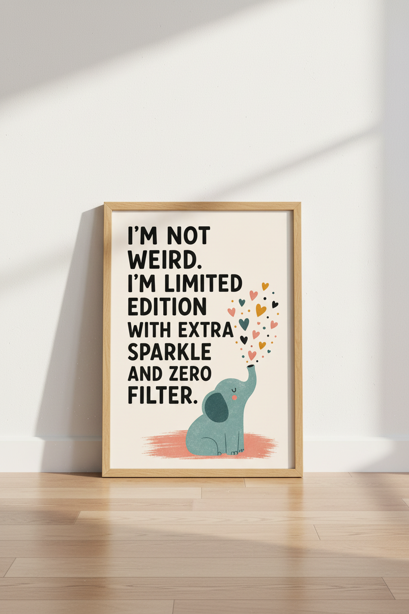 Funny Elephant Quote Wall Art | Blue &amp; Gold Nursery Decor | Modern Kids Poster