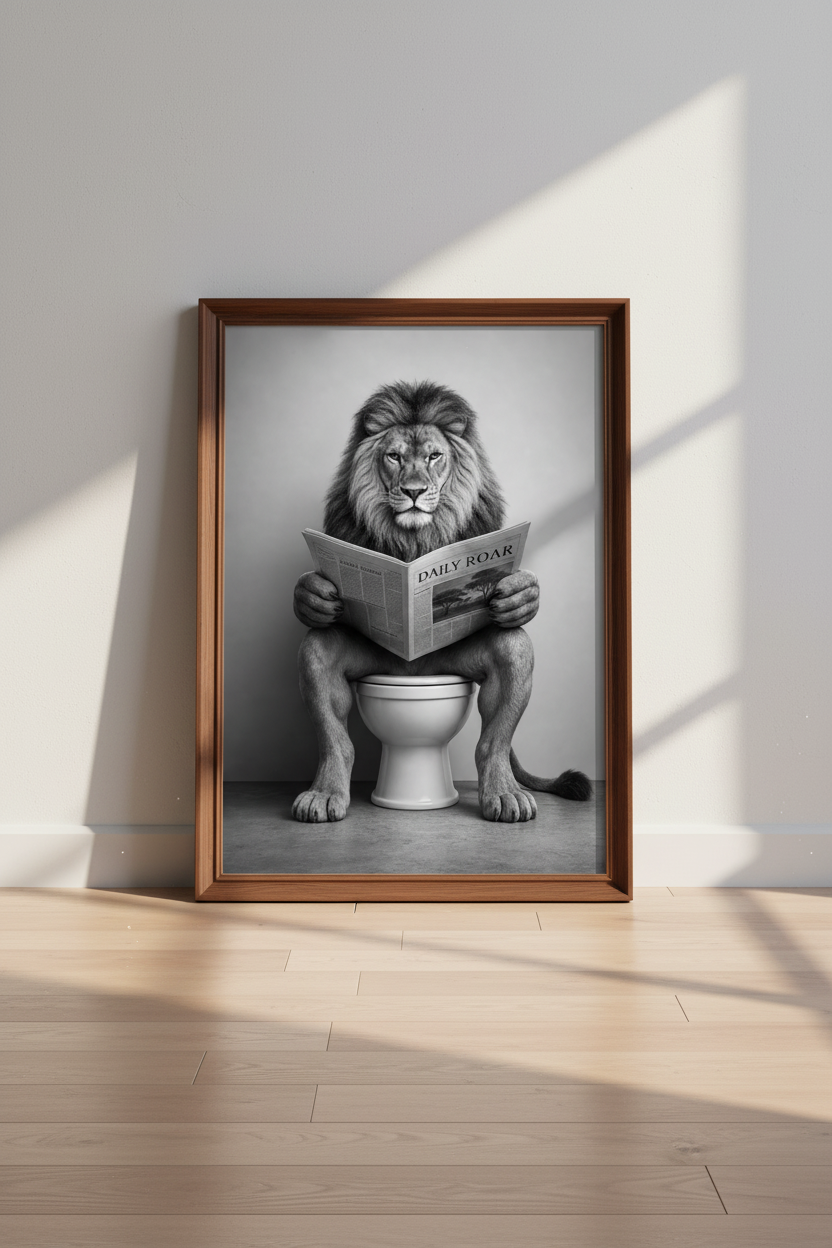Lion Reading Newspaper Wall Art | Funny Bathroom Decor | Black and White Poster