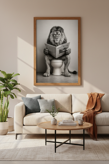 Lion Reading Newspaper Wall Art | Funny Bathroom Decor | Black and White Poster