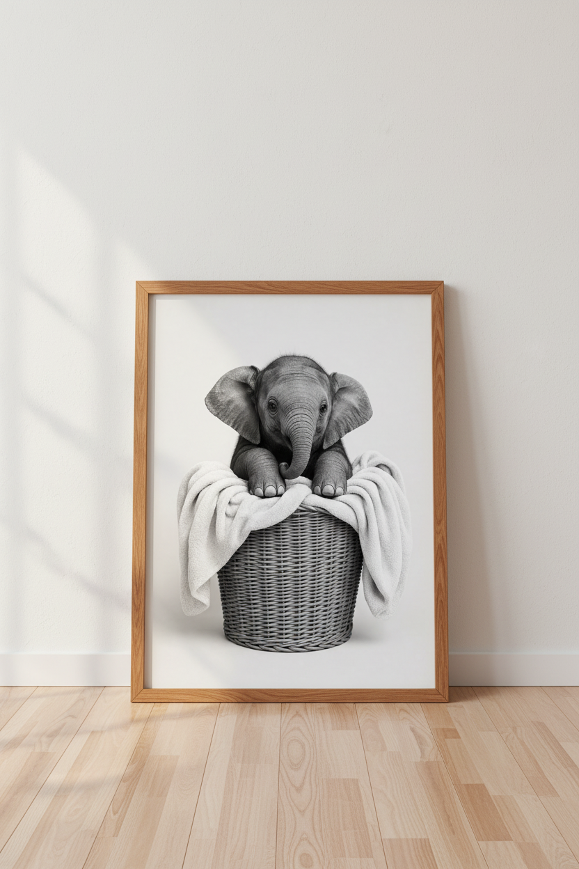 Baby Elephant in Basket Art | Black and White Nursery Decor | Safari Animal Poster