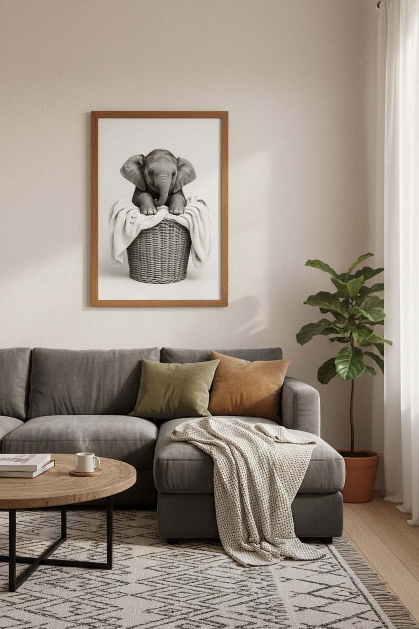 Baby Elephant in Basket Art | Black and White Nursery Decor | Safari Animal Poster