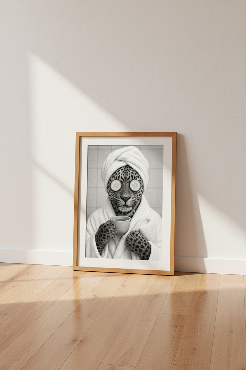 Leopard in Bathrobe Wall Art | Black and White Bathroom Decor | Quirky Spa Poster