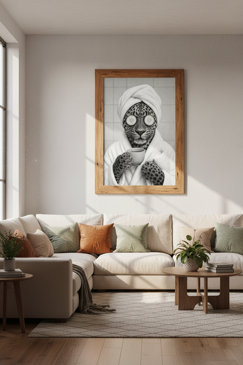 Leopard in Bathrobe Wall Art | Black and White Bathroom Decor | Quirky Spa Poster