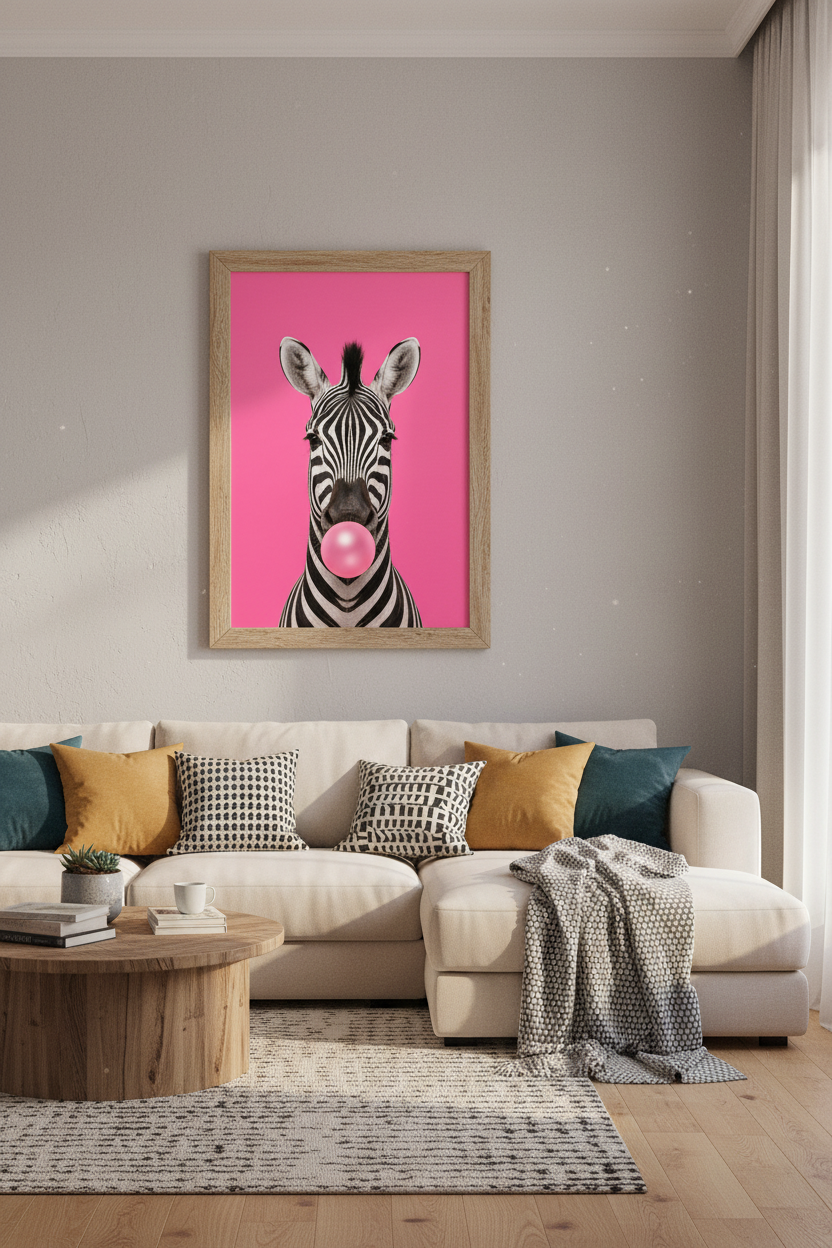 Zebra Bubble Gum Wall Art | Pink Nursery Decor | Eclectic Animal Poster