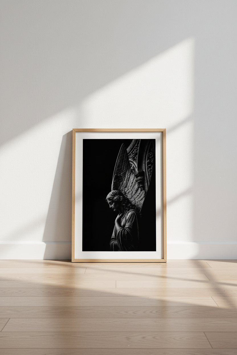 Gothic Angel Art Print | Dark Academia Statue Decor | Moody Black and White Poster