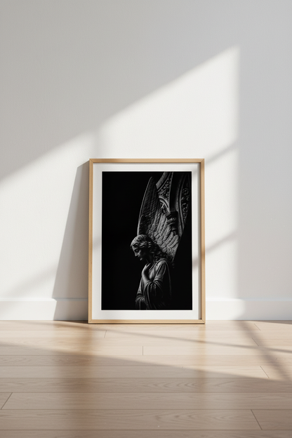 Gothic Angel Art Print | Dark Academia Statue Decor | Moody Black and White Poster