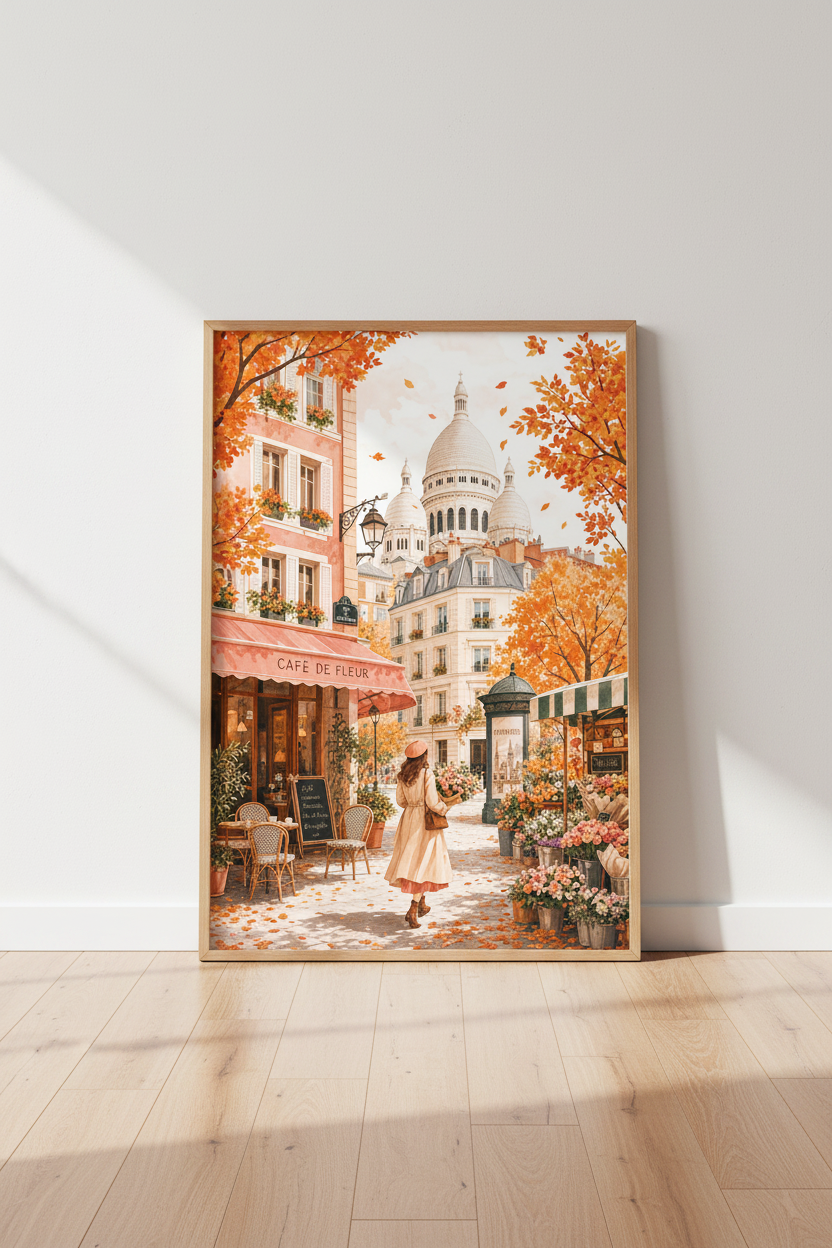 Paris Autumn Street Scene Wall Art | Montmartre Watercolor Poster, Living Room Decor