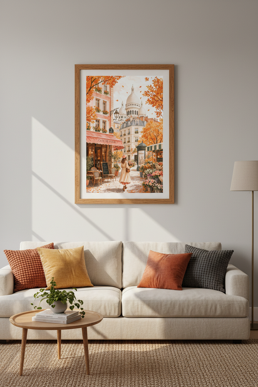 Paris Autumn Street Scene Wall Art | Montmartre Watercolor Poster, Living Room Decor