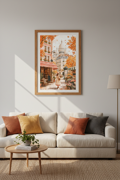 Paris Autumn Street Scene Wall Art | Montmartre Watercolor Poster, Living Room Decor