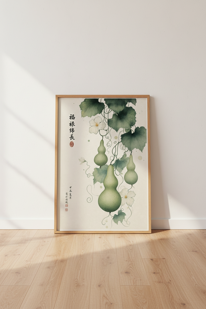 Japanese Gourd Wall Art Print | Sage Green Botanical Decor | Zen Ink Wash Poster