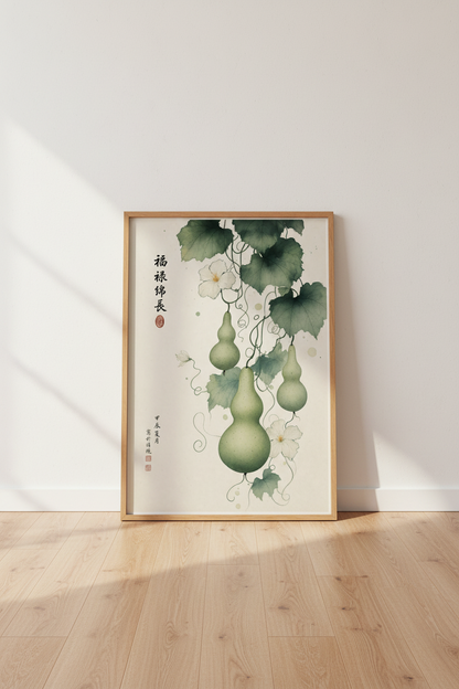 Japanese Gourd Wall Art Print | Sage Green Botanical Decor | Zen Ink Wash Poster