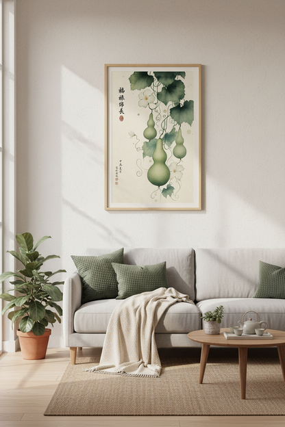 Japanese Gourd Wall Art Print | Sage Green Botanical Decor | Zen Ink Wash Poster