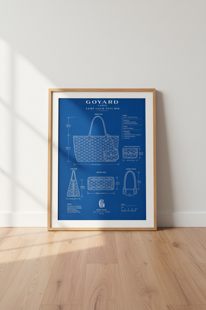 Luxury Tote Blueprint Wall Art | Navy Blue Fashion Poster, Closet Decor