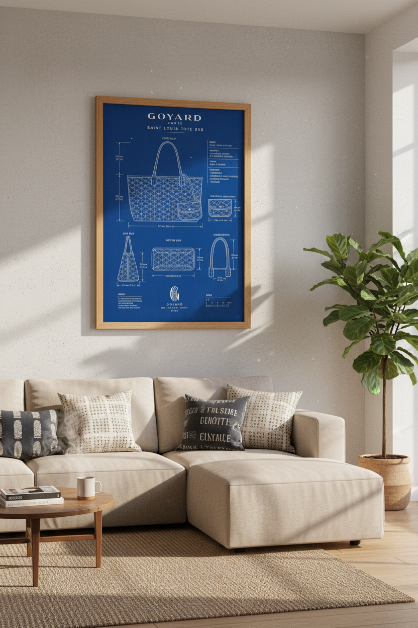 Luxury Tote Blueprint Wall Art | Navy Blue Fashion Poster, Closet Decor
