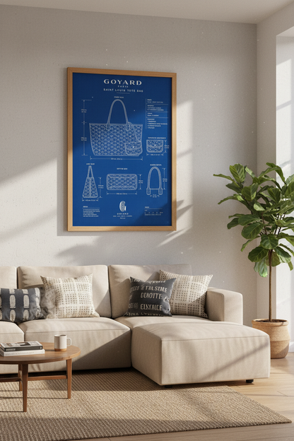 Luxury Tote Blueprint Wall Art | Navy Blue Fashion Poster, Closet Decor