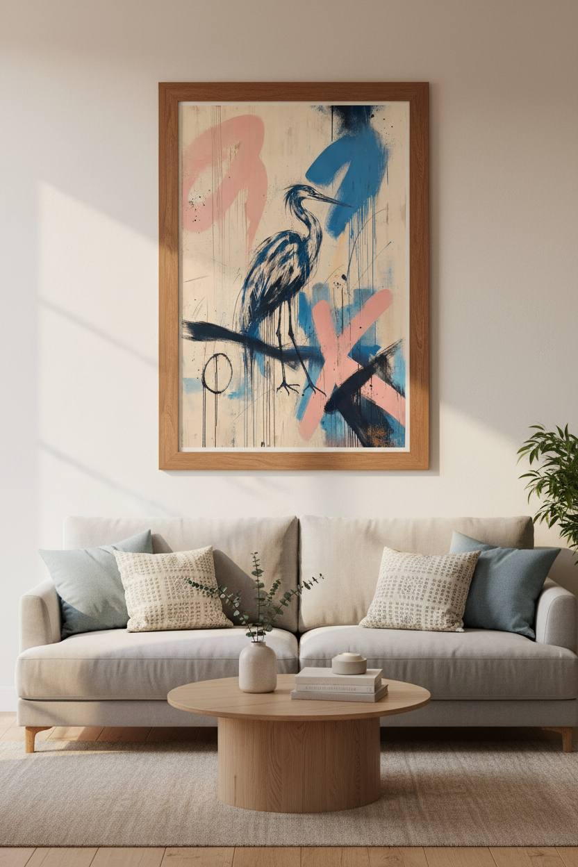 Heron Bird Art | Abstract Graffiti Style Pink &amp; Blue, Modern Living Room Decor