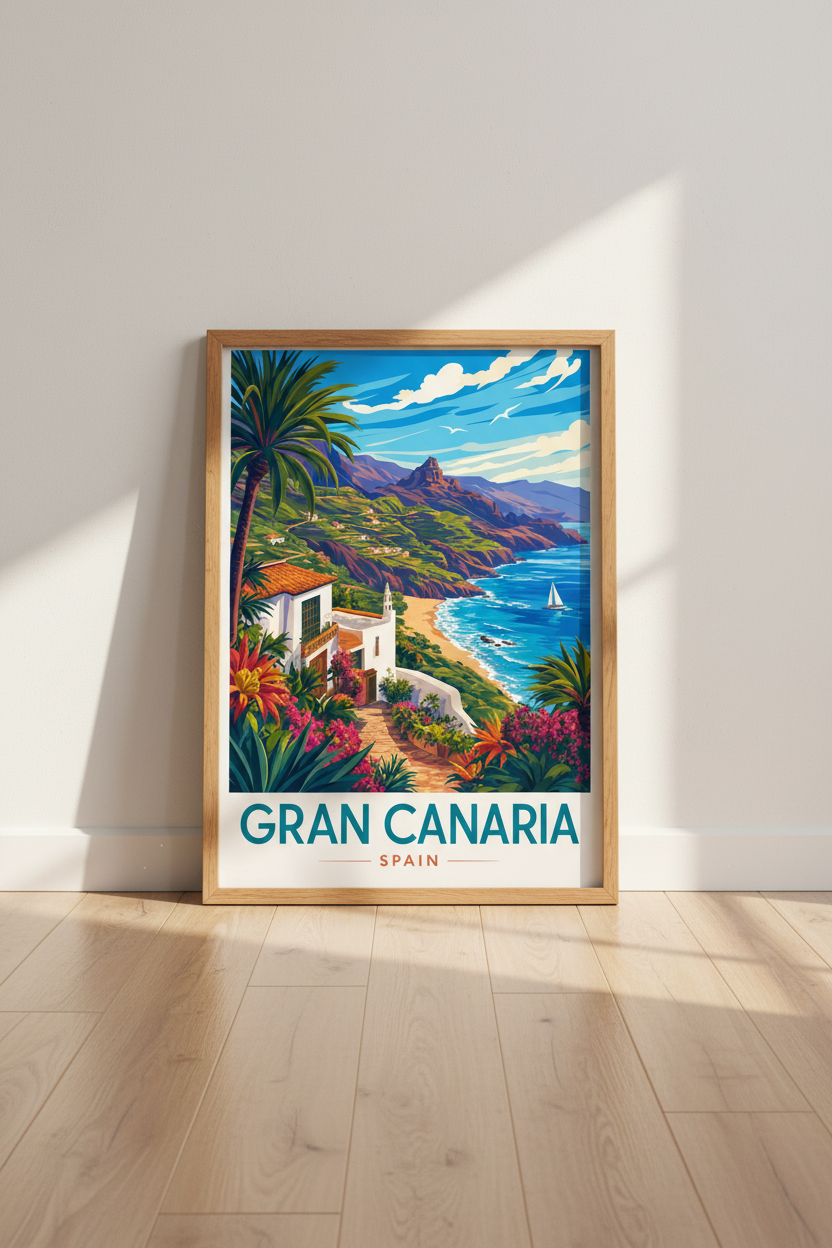 Gran Canaria Spain Travel Poster | Coastal Landscape Wall Art, Mediterranean Decor