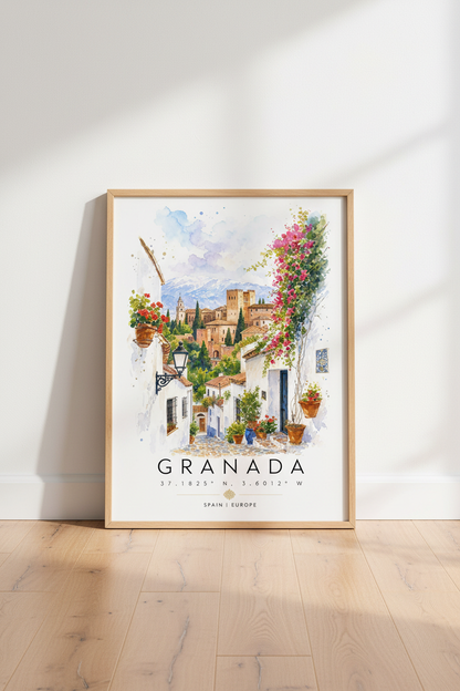 Granada Spain Travel Poster | Watercolor Alhambra Wall Art | Mediterranean Decor