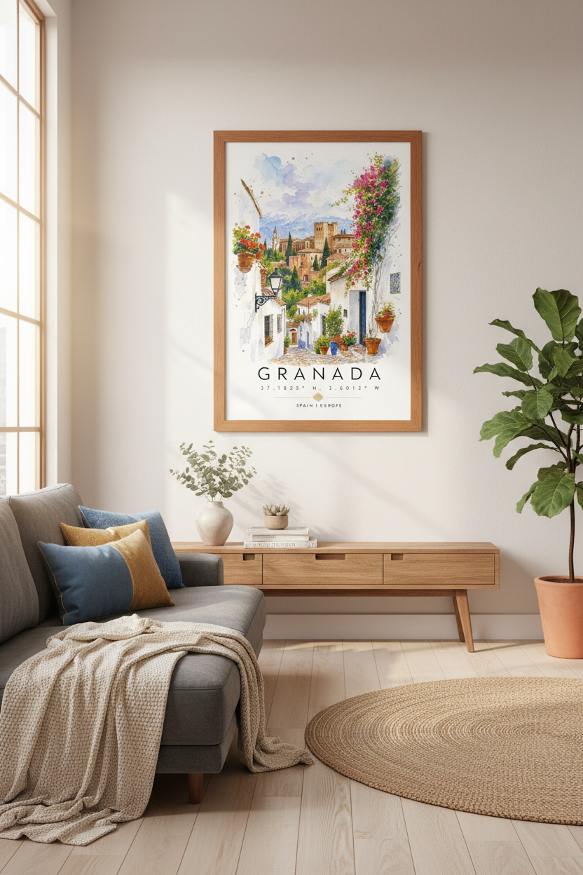 Granada Spain Travel Poster | Watercolor Alhambra Wall Art | Mediterranean Decor