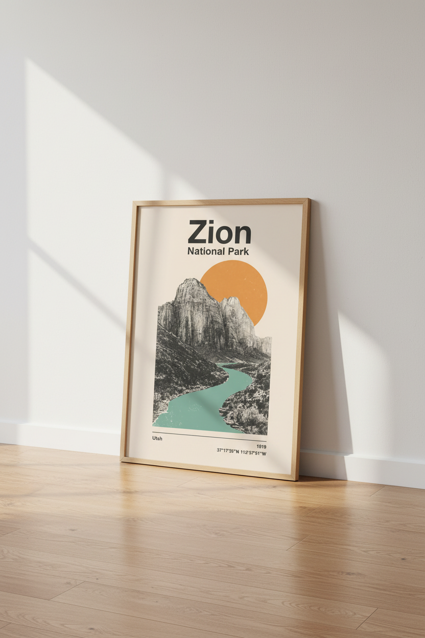 Zion National Park Wall Art | Retro Boho Landscape Decor | Mid-Century Modern Poster