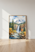 Mountain Waterfall Watercolor Wall Art | Blue & Gold Nature Decor | Landscape Poster