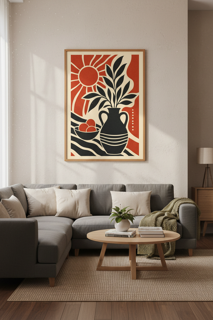 Boho Sun Botanical Still Life Print | Terracotta &amp; Black Decor | Modern Poster
